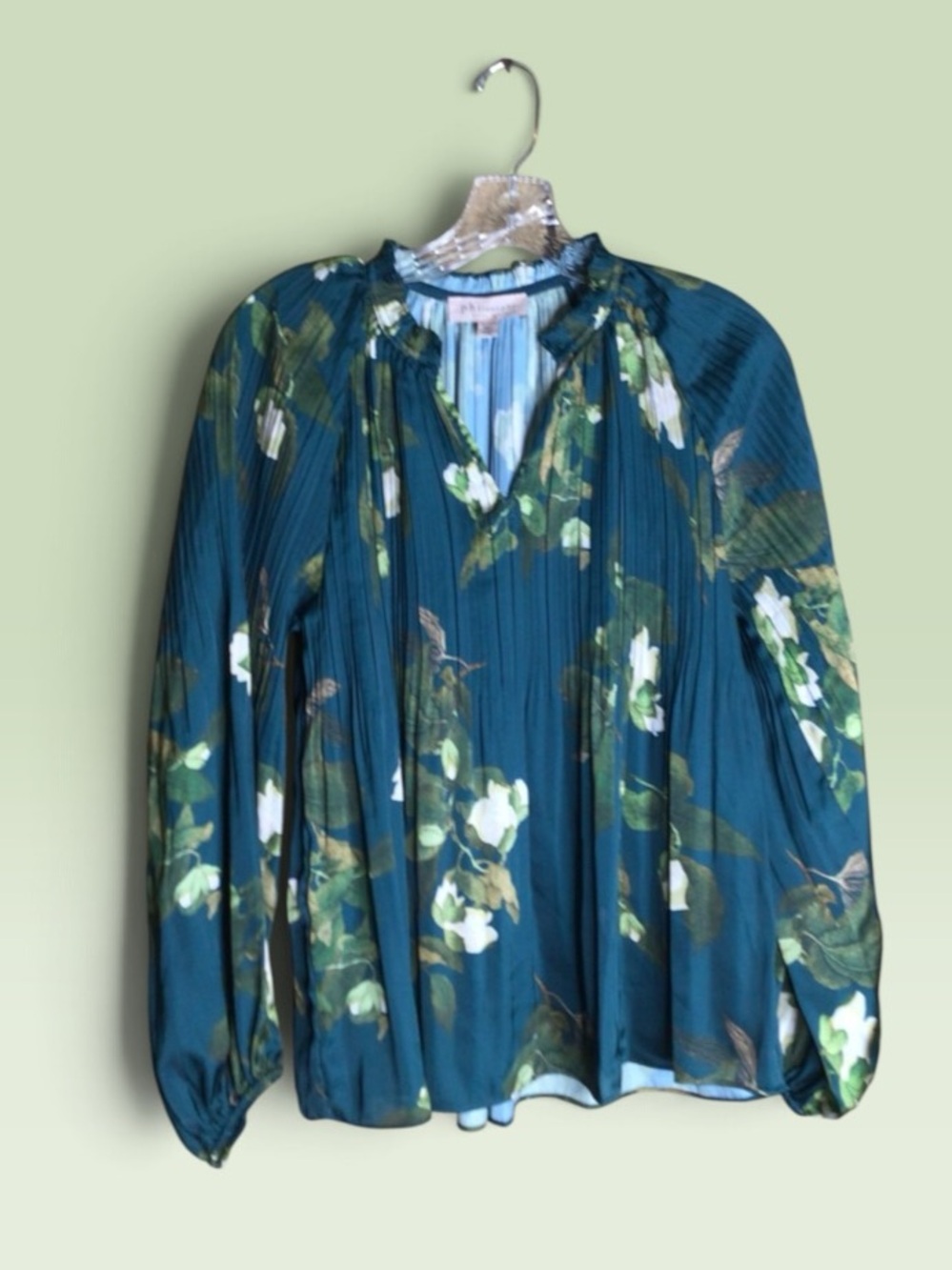 Philosophy Petite Teal Floral Accordion Pleated Long Sleeve Blouse